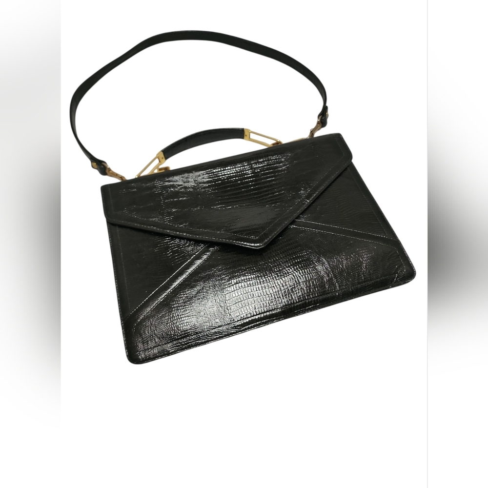 Black Vintage Leather Croc Embossed Shoulder/ Clutch Envelope Bag Grannycore